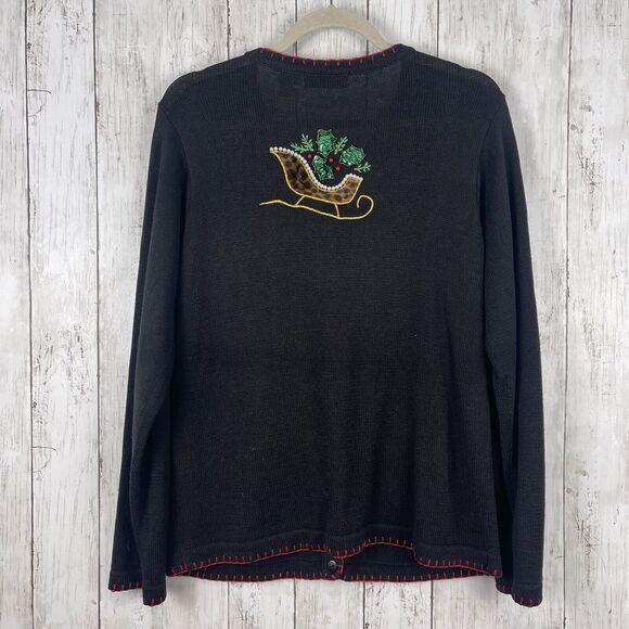 BP Design Ugly Christmas Sweater Cardigan Beaded Sz S Black Sequin Sleds Holiday - Picture 6 of 9